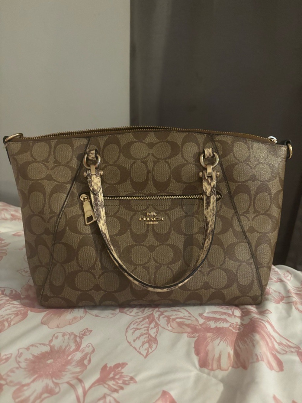 Coach Signature Canvas Tote with Snake-Print Handles in Brown and Tan